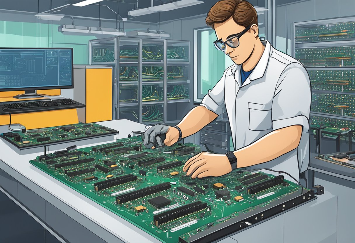 A technician assembling circuit boards in a modern electronics lab