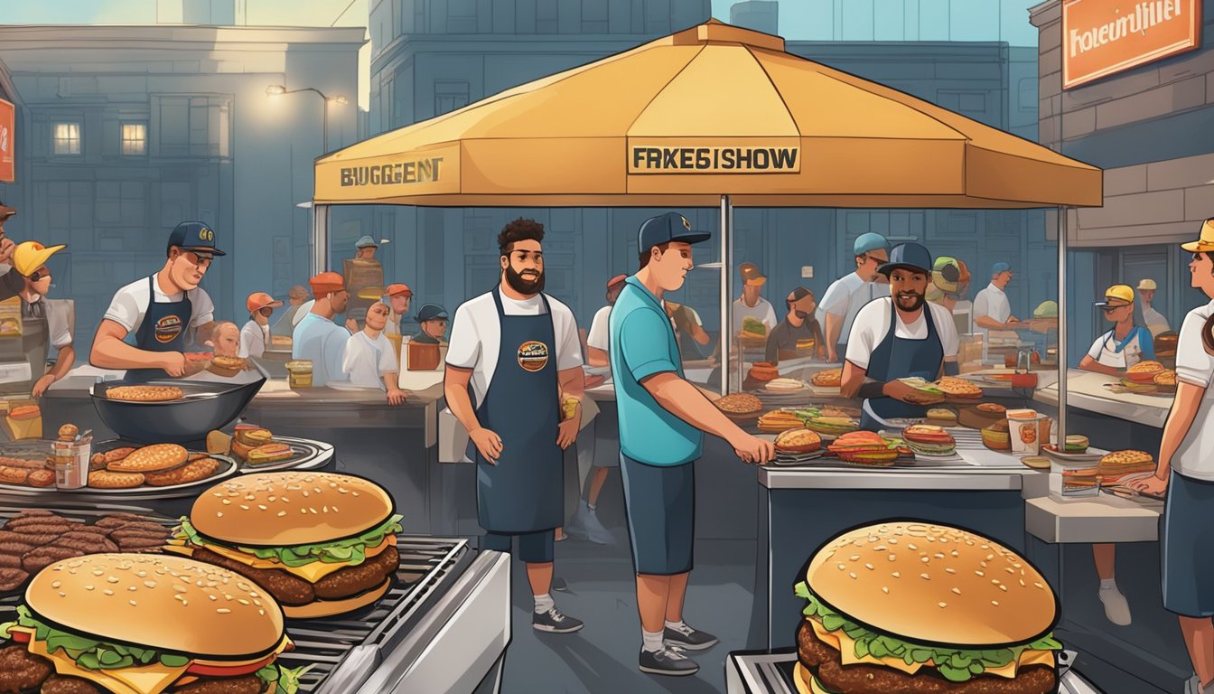 Two grills sizzling with fresh and frozen patties, surrounded by various burger ingredients and brand logos. A crowd of onlookers eagerly awaits the ultimate burger showdown