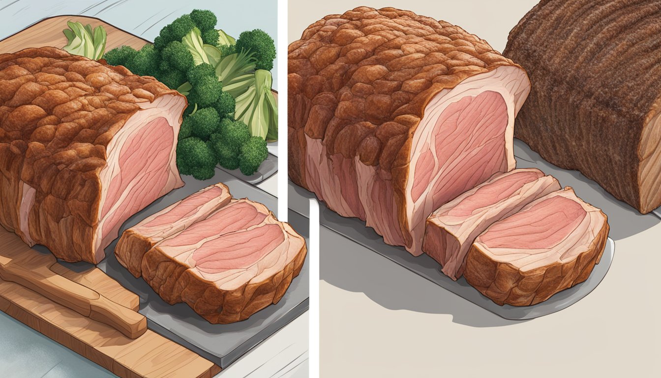 A side-by-side comparison of a frozen and fresh rib roast, showcasing their differences in appearance and texture