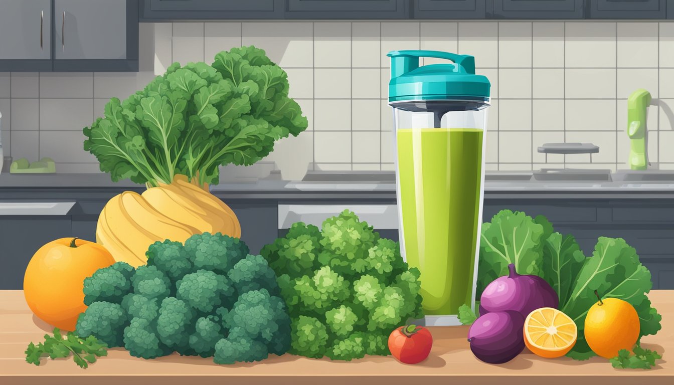 A vibrant bunch of kale sits next to a bag of frozen kale. A blender is surrounded by various fruits and vegetables, ready to be mixed into a smoothie