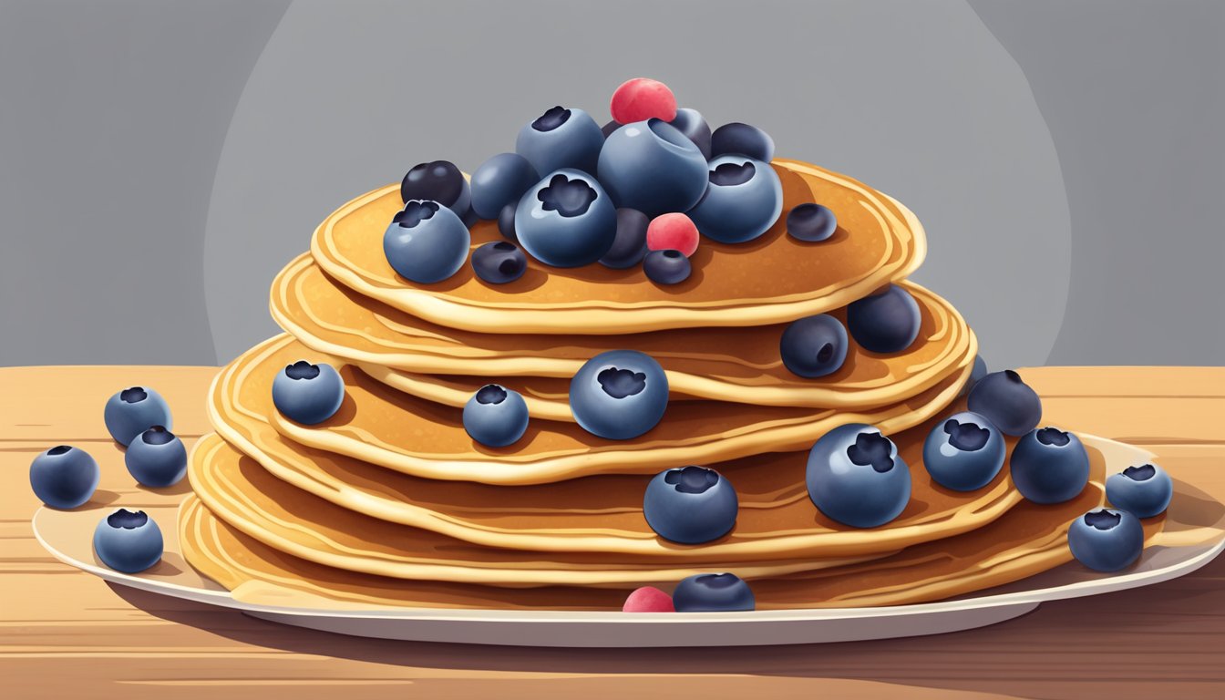 A stack of golden pancakes topped with a mix of fresh and frozen blueberries, surrounded by a scattering of loose berries on a wooden table