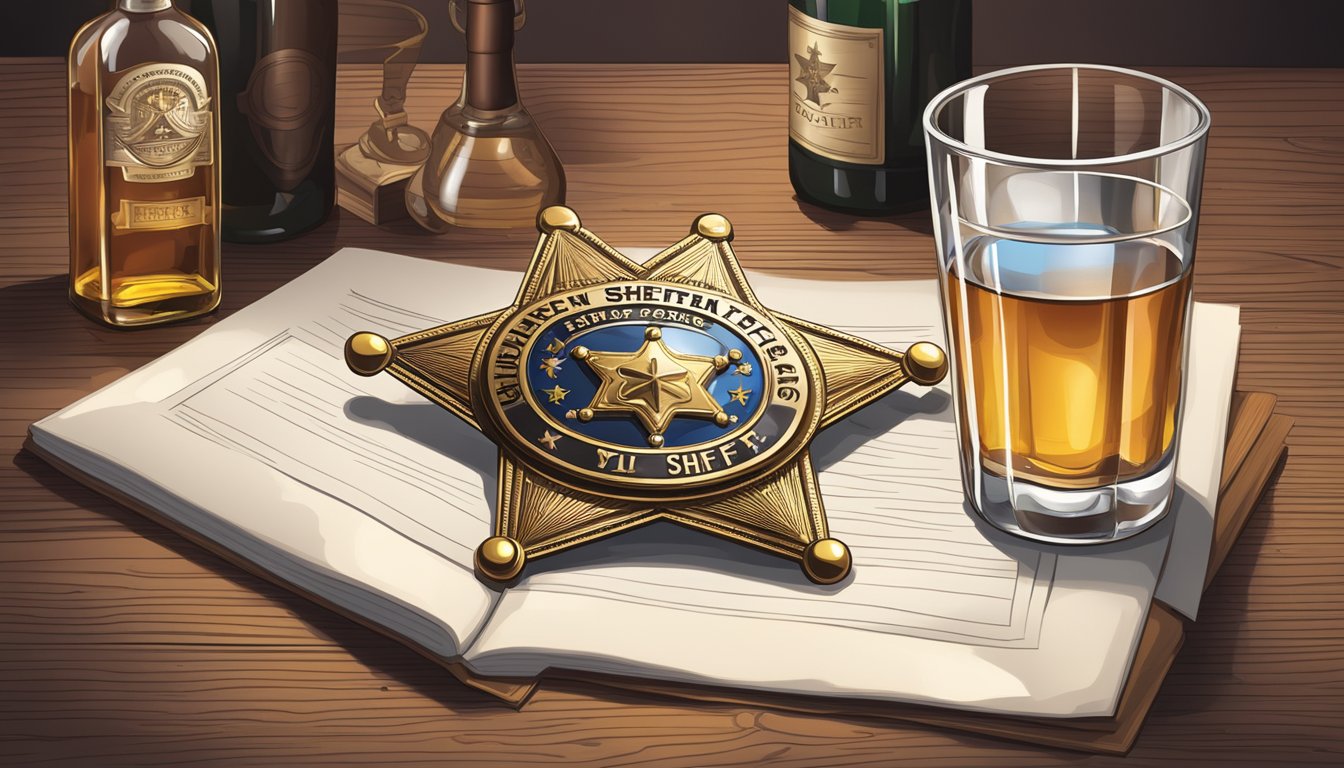 A sheriff's badge resting on a wooden table, surrounded by legal documents and a bottle of alcohol