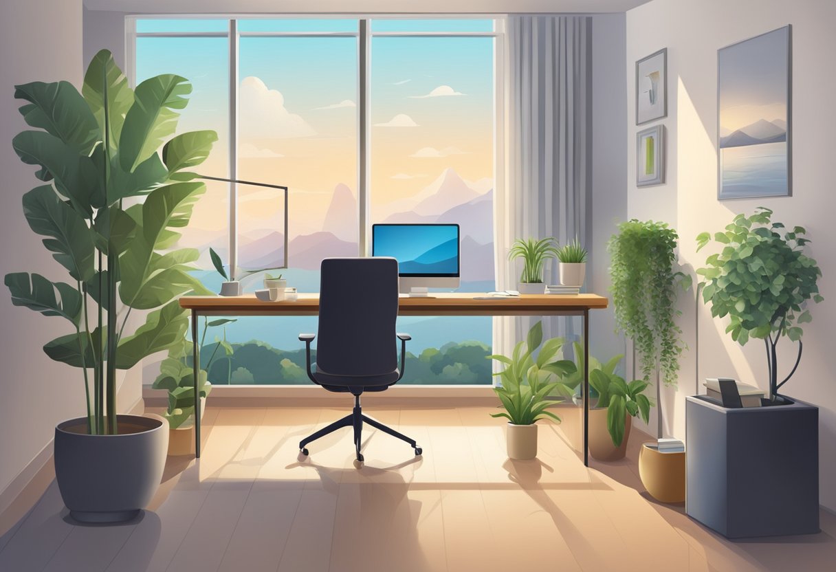 A modern office with a desk, computer, and files. A diploma on the wall. Plants and a window with a view