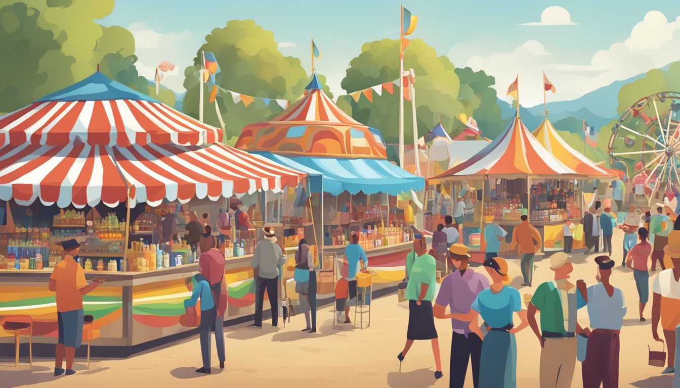 A bustling county fairground with vendors selling alcohol under the watchful eye of a licensing official