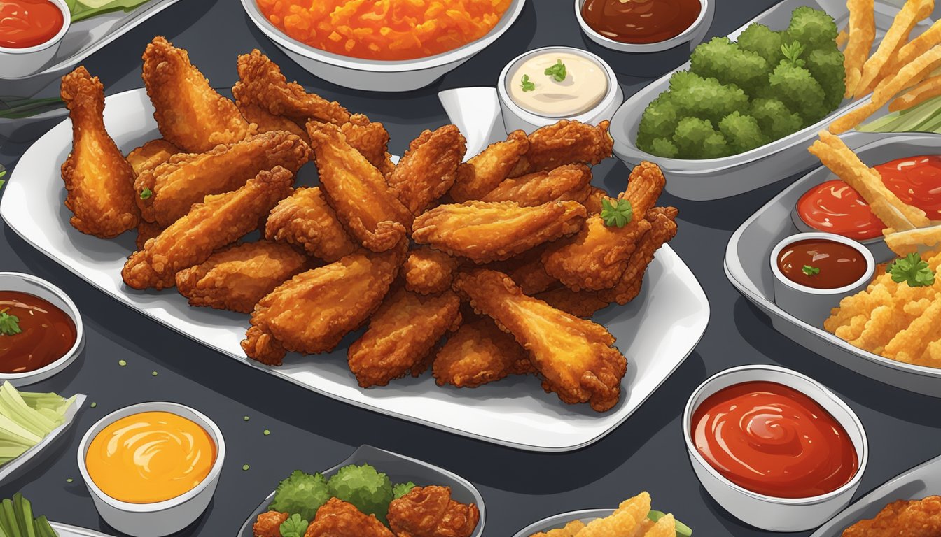 A platter of crispy chicken wings surrounded by a variety of colorful dipping sauces, with steam rising from the hot wings