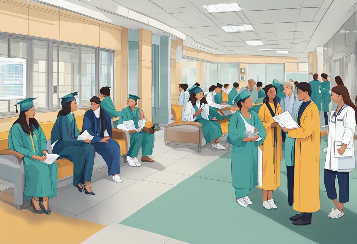 A bustling hospital lobby with professionals discussing charts and schedules, while students in graduation gowns look on eagerly