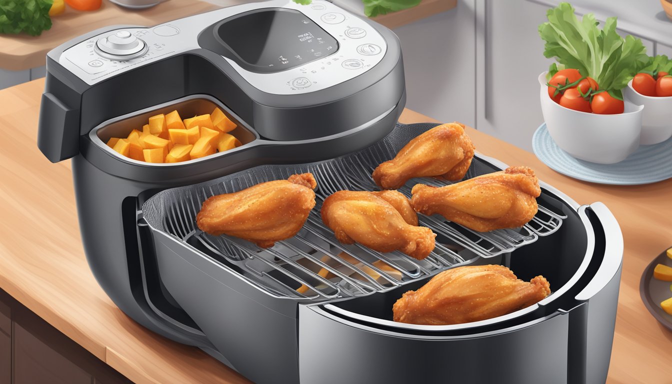 A kitchen scene with fresh and frozen chicken wings, nutritional information, and an air fryer in the background