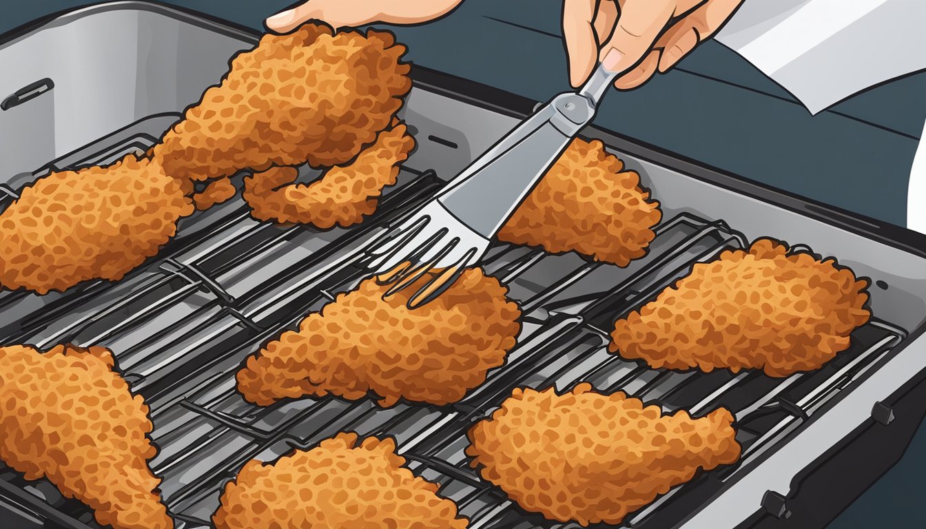 A hand reaching into an open air fryer basket, removing a crispy chicken wing. A small brush and cloth nearby for cleaning