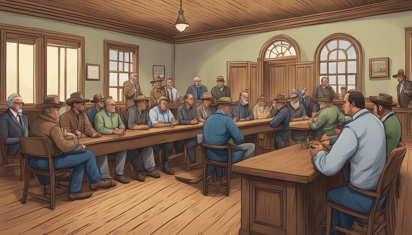 A small town council meeting discussing alcohol laws in a rustic Texas courthouse