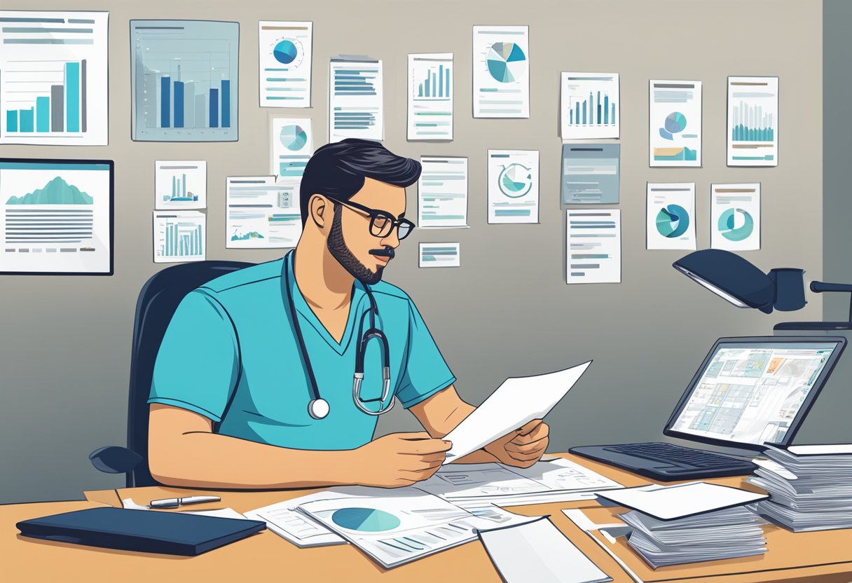 A healthcare administrator at a desk, surrounded by charts and graphs, speaking to a group of professionals