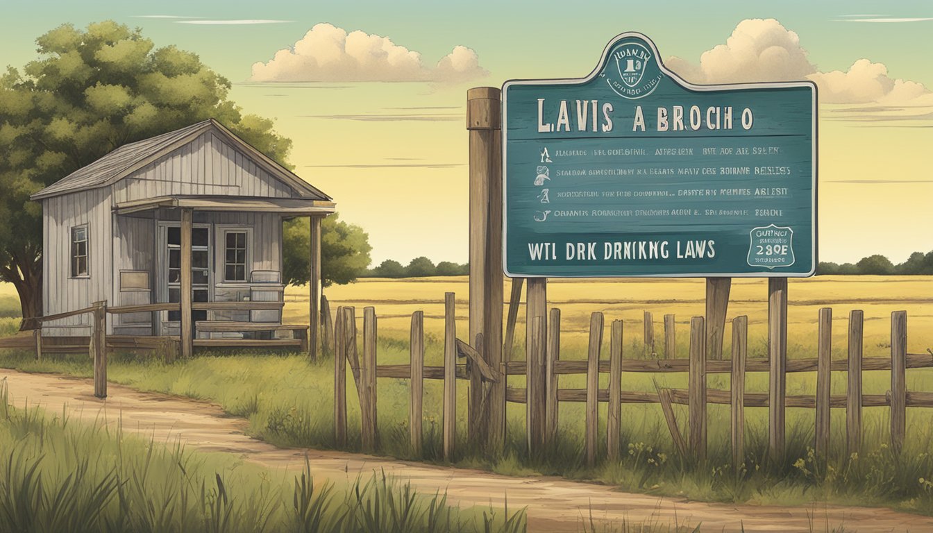 A rural landscape in Baylor County, Texas with a sign displaying alcohol and drinking laws