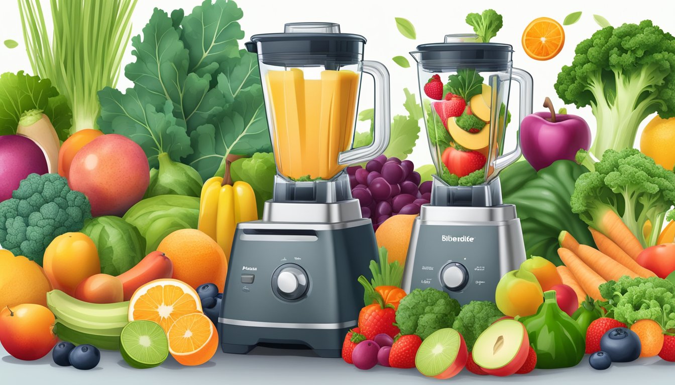 A blender filled with fresh and frozen kale surrounded by vibrant fruits and vegetables, showcasing the contrast between maximizing nutrition and flavor in smoothies