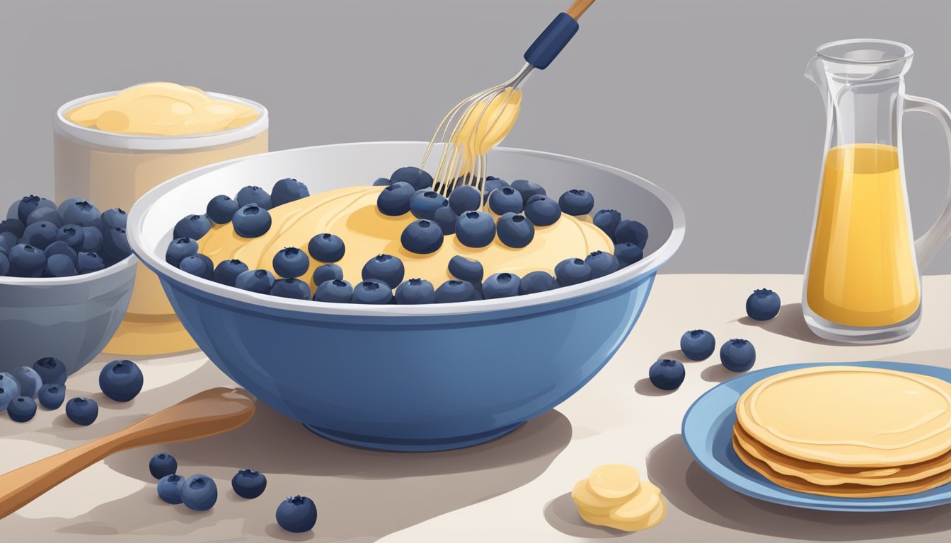 A large mixing bowl filled with pancake batter, surrounded by fresh and frozen blueberries, a whisk, and a measuring cup