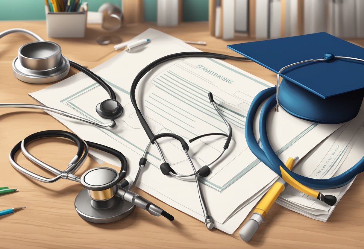 A graduation cap and diploma on a desk with a stethoscope and paperwork