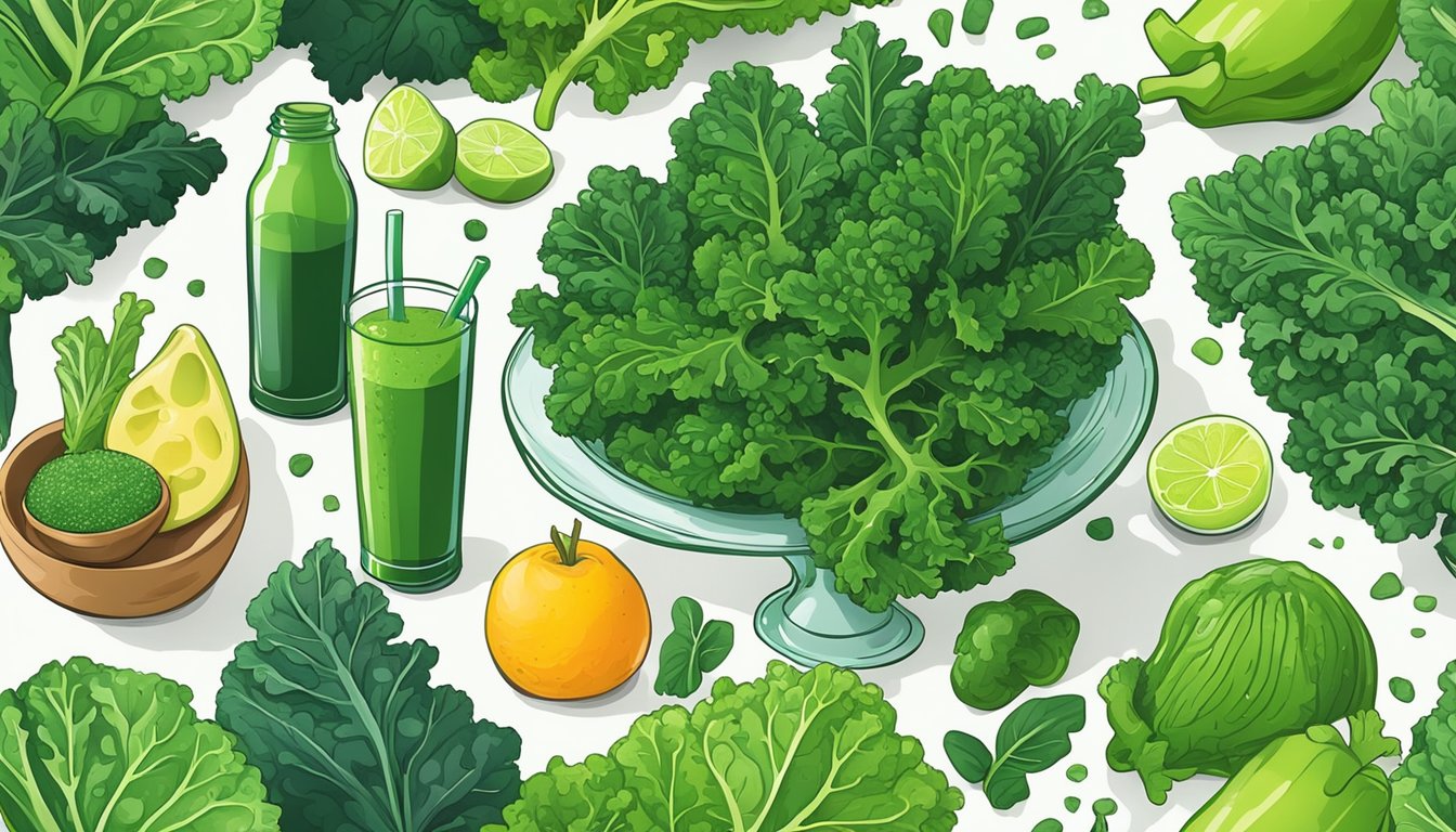 Kale leaves being picked and washed, then blended into a vibrant green smoothie with fresh and frozen options visible