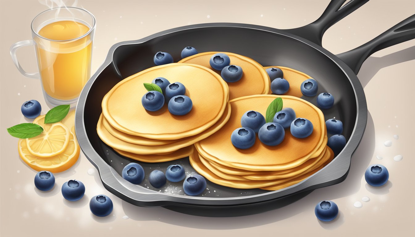 A sizzling skillet with golden pancakes, one topped with fresh blueberries and the other with frozen. Steam rises as the berries burst, creating a sweet aroma