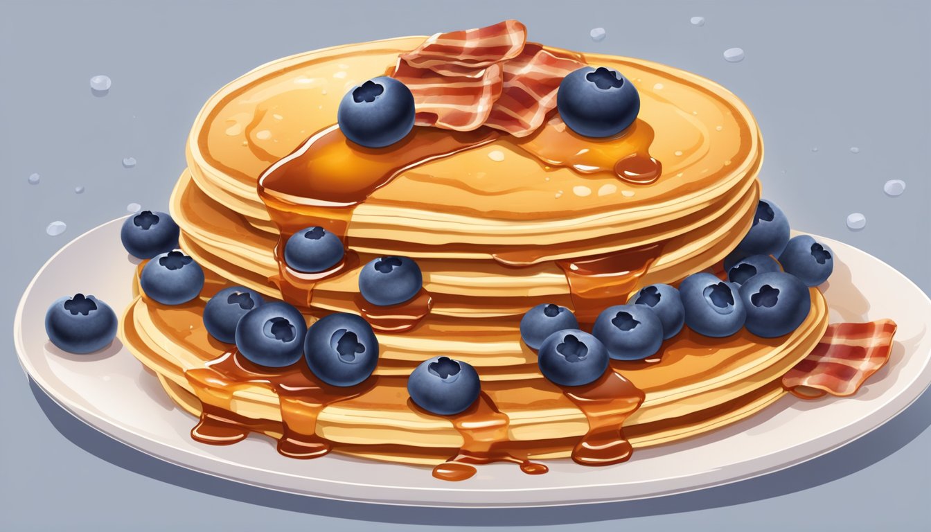 A stack of golden pancakes topped with a mix of fresh and frozen blueberries, surrounded by swirls of sweet syrup and savory bacon