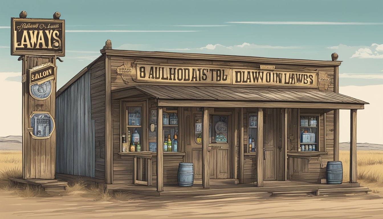 A dusty old saloon in Bailey County, Texas, with a sign displaying outdated alcohol laws