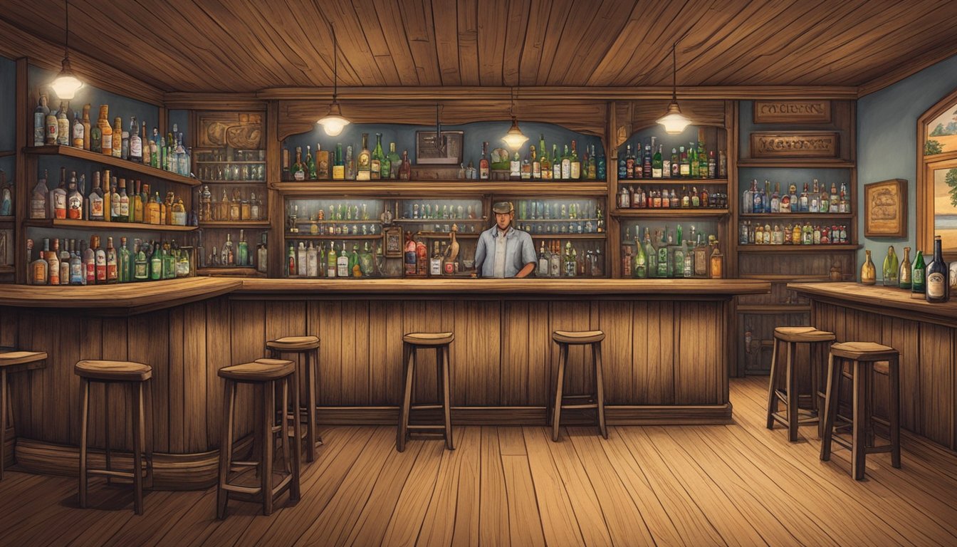 A rustic bar in Bailey County, Texas, with shelves of alcohol, a bartender serving drinks, and patrons enjoying their beverages