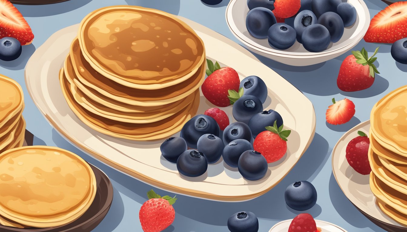 A stack of golden pancakes topped with plump blueberries, some fresh and some frozen, surrounded by bowls of batter and fruit