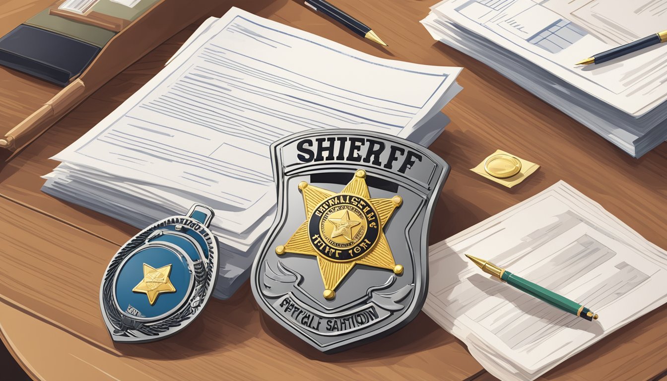 A sheriff's badge and a stack of official documents on a desk in a small-town police station