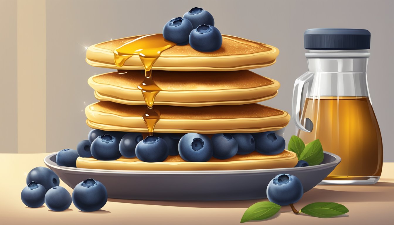 A stack of golden pancakes topped with glistening blueberries, some fresh and others frozen, sit on a plate next to a container of syrup