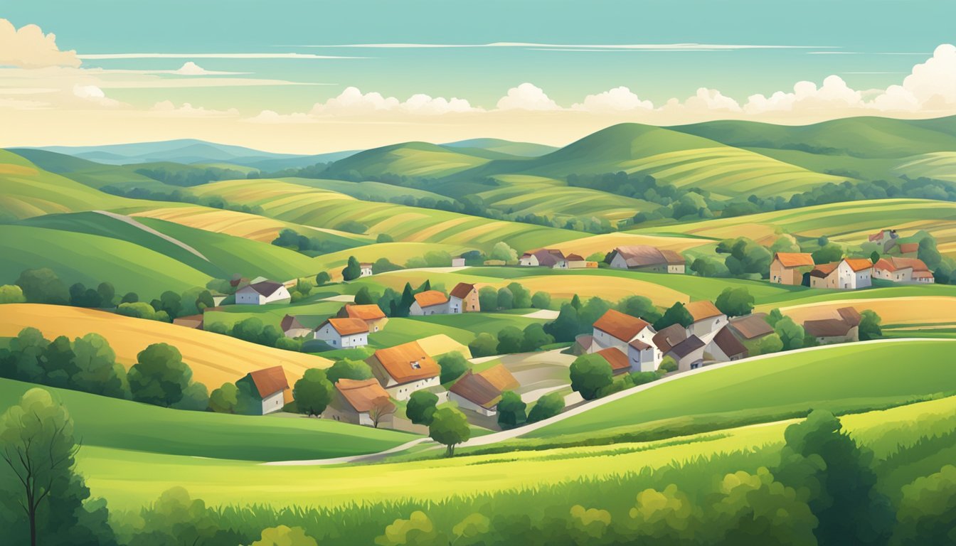 A rural landscape with a small town, rolling hills, and a clear sky