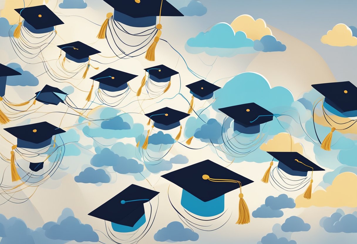 A network of interconnected clouds hovering above a graduation cap