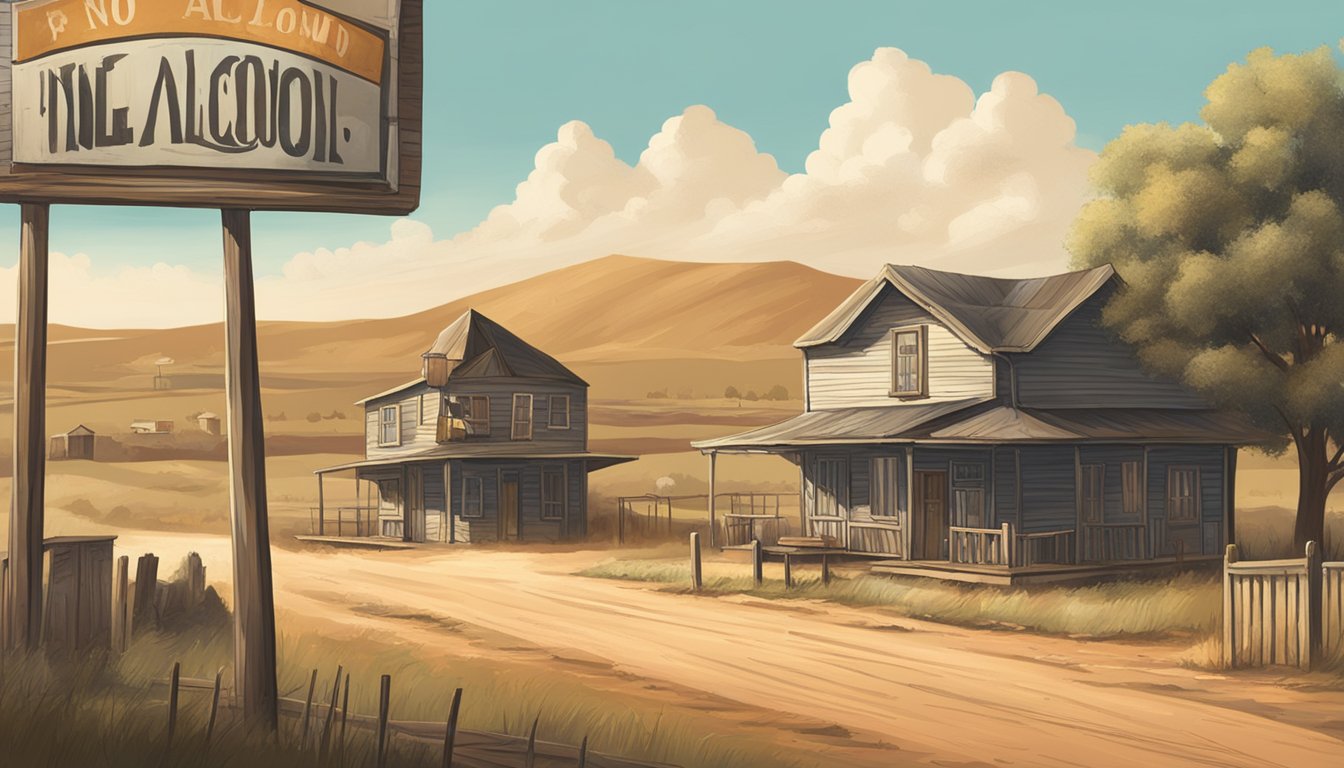 A dusty rural landscape with a small town in the distance, featuring a lone saloon and a "no alcohol beyond this point" sign