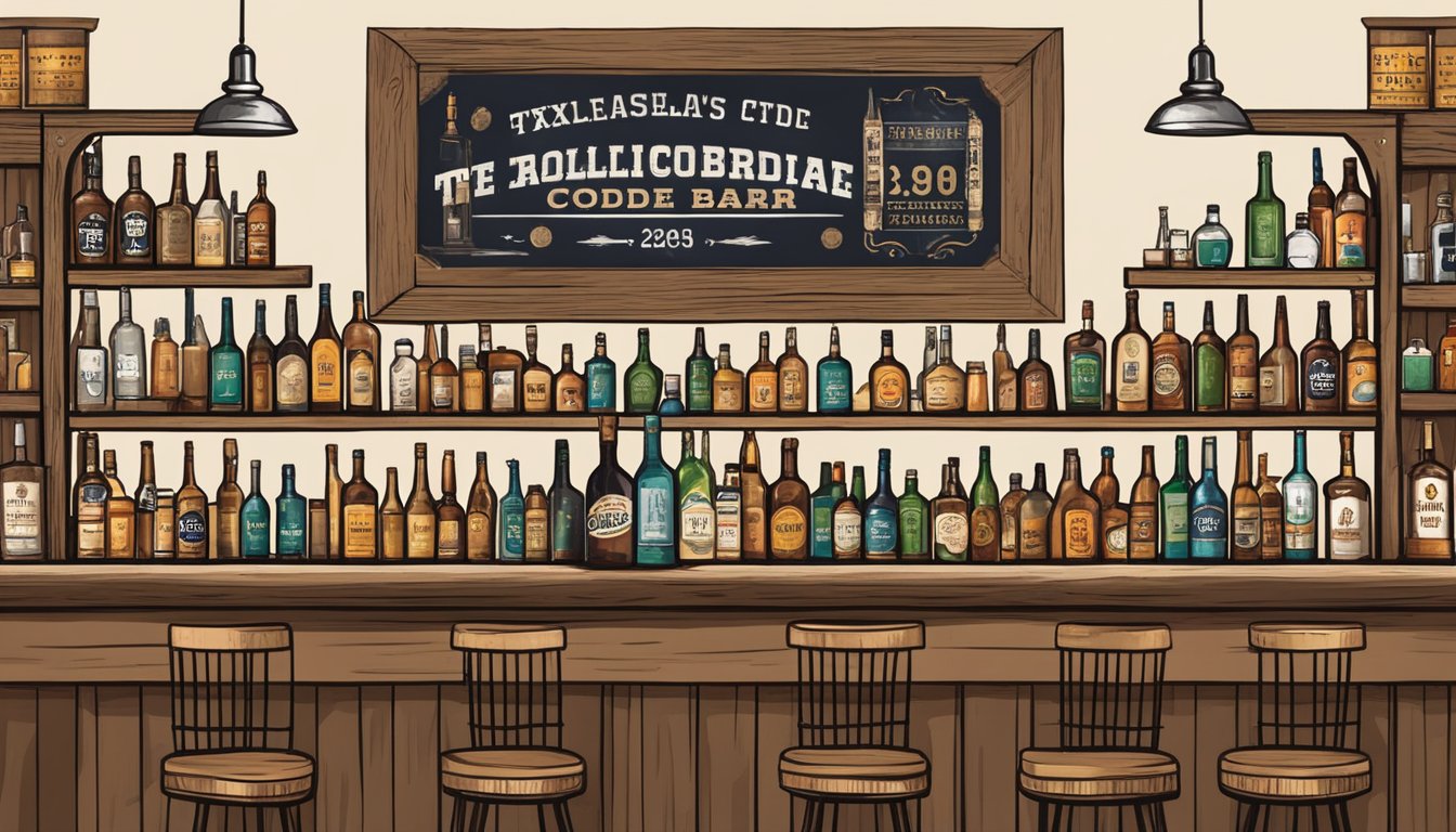 A rustic bar with Texas-themed decor, shelves stocked with various alcohol bottles, and a sign displaying the Texas Alcoholic Beverage Code