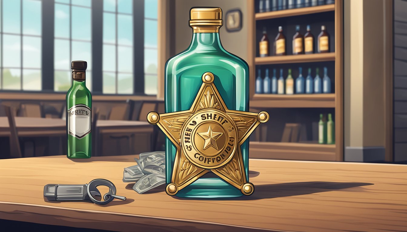 A sheriff's badge and a bottle of alcohol confiscated on a table in a small-town police station