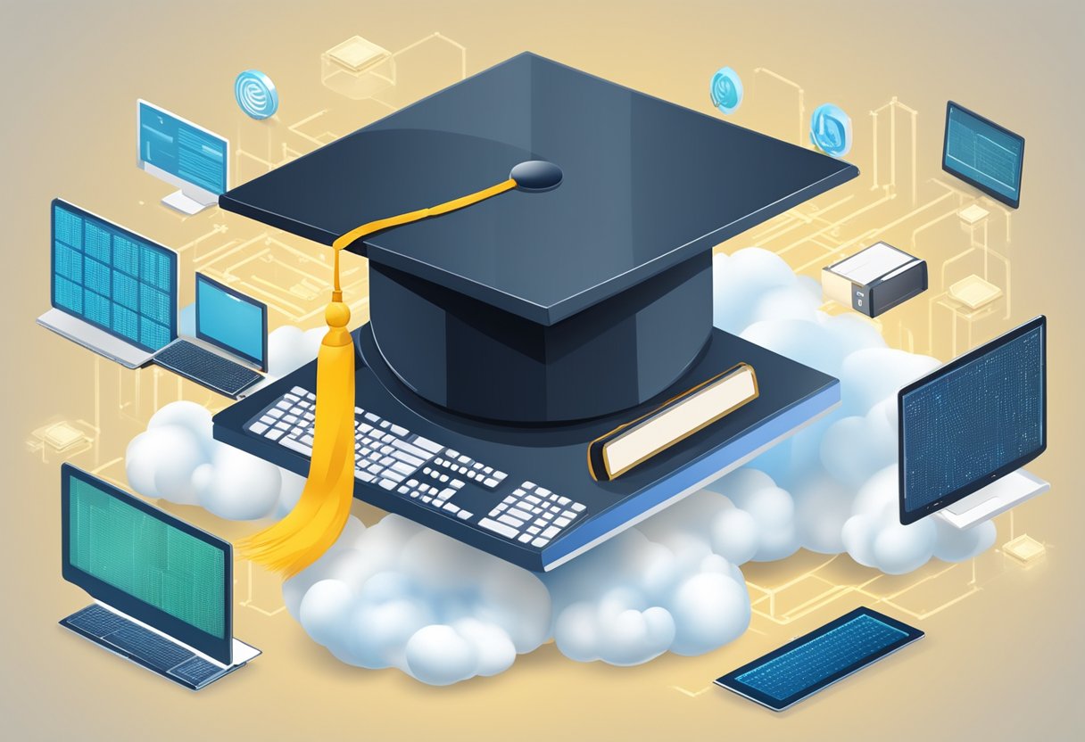 A graduation cap hovering over a cloud filled with computer servers, surrounded by academic accolades and symbols of excellence