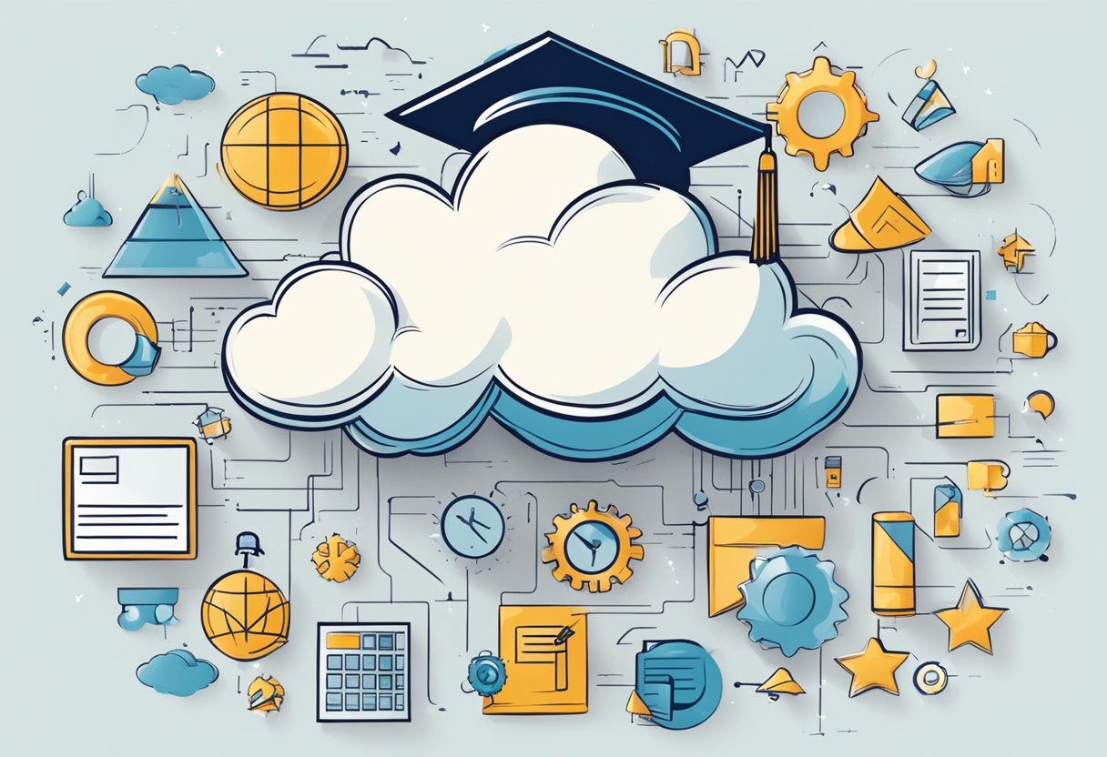 A cloud with a graduation cap and a diploma, surrounded by symbols representing industry standards and certifications