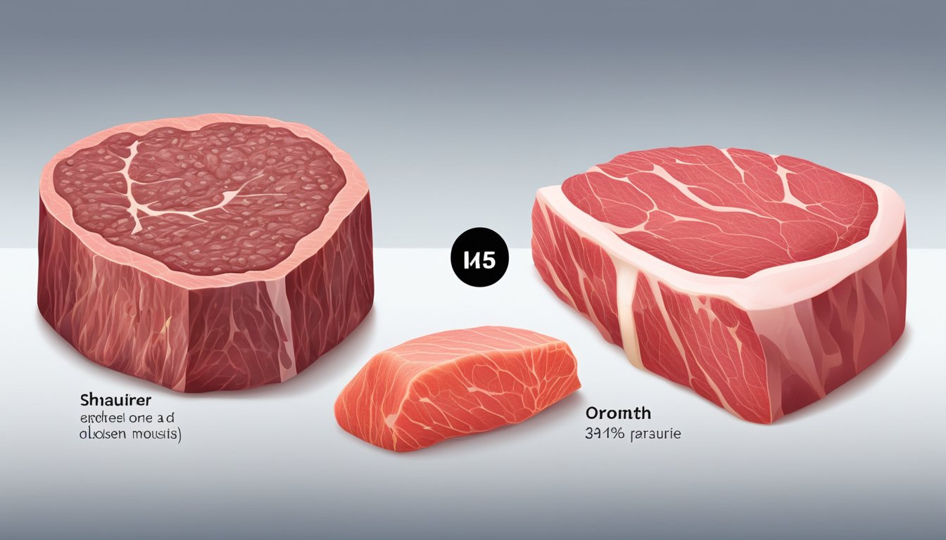 A side-by-side comparison of a juicy, raw beef steak next to a frozen one, with emphasis on the differences in texture, color, and moisture content