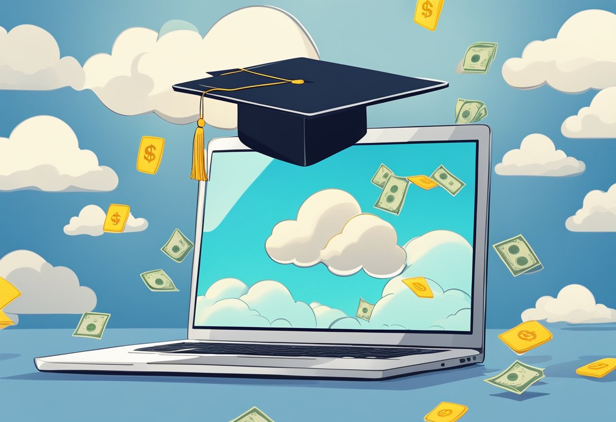 A laptop surrounded by clouds, with a graduation cap on top and dollar signs floating around