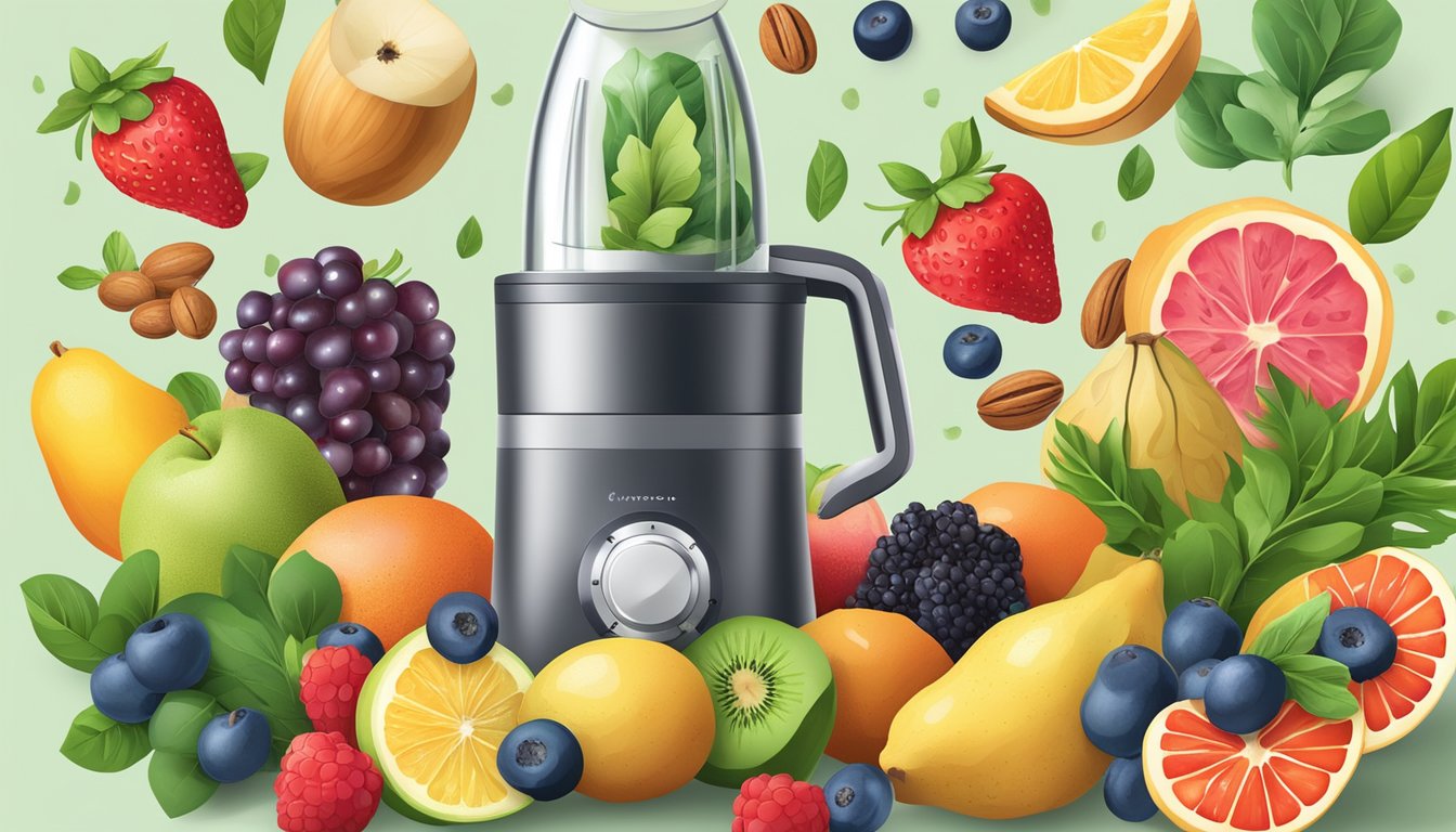 A blender filled with fresh and frozen fruit, surrounded by vibrant ingredients like leafy greens, nuts, and seeds