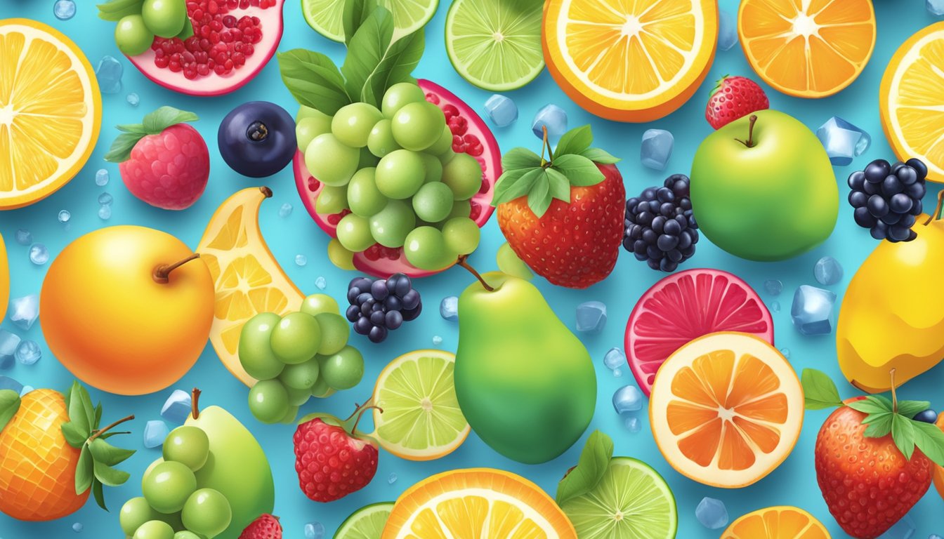 A colorful array of fresh and frozen fruits, surrounded by floating vitamin symbols, with a spotlight on their health benefits