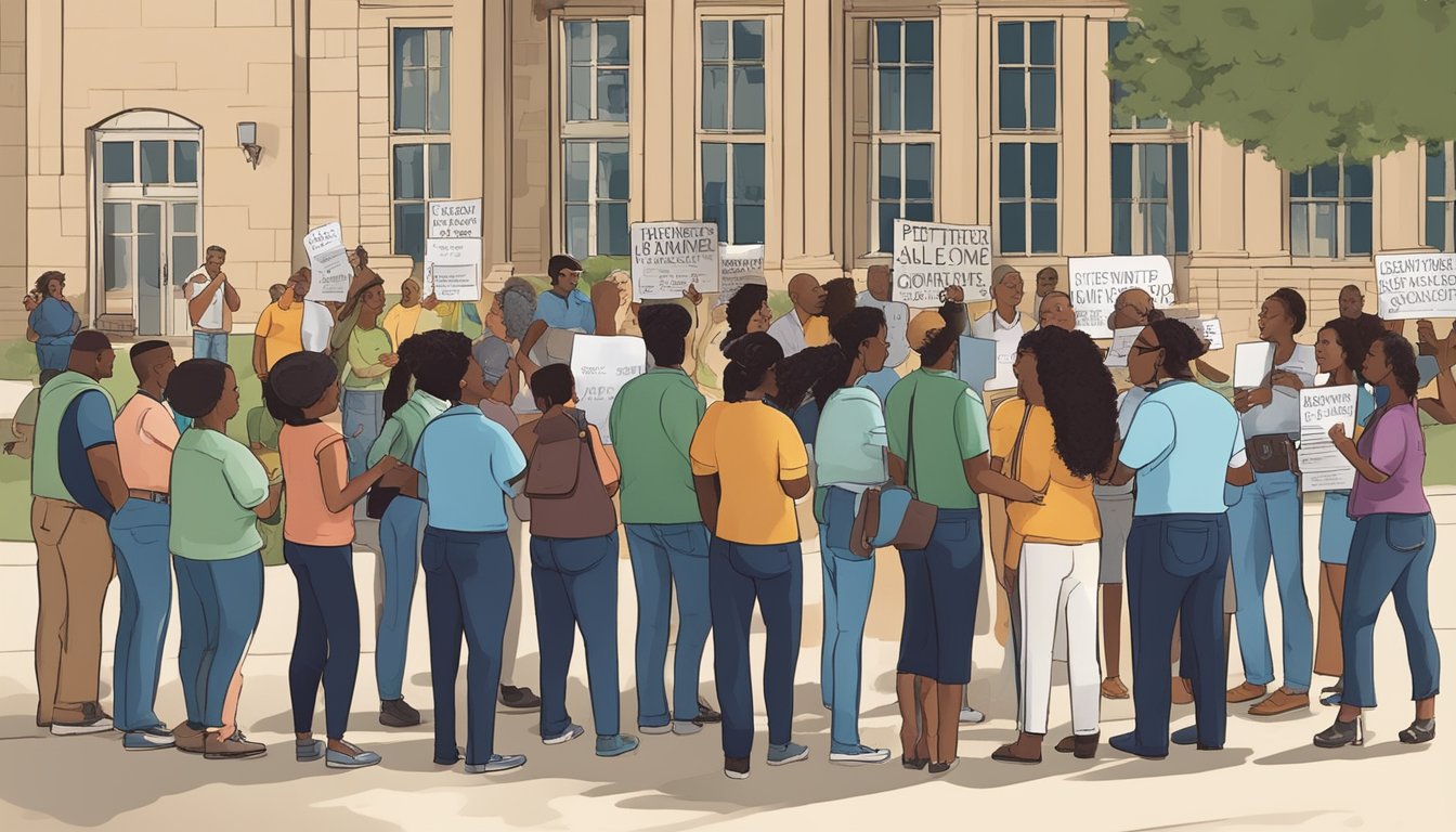 A group of diverse community members gather outside a government building, holding signs and engaging in discussion about petitioning for changes to alcohol and drinking laws in Andrews County, Texas