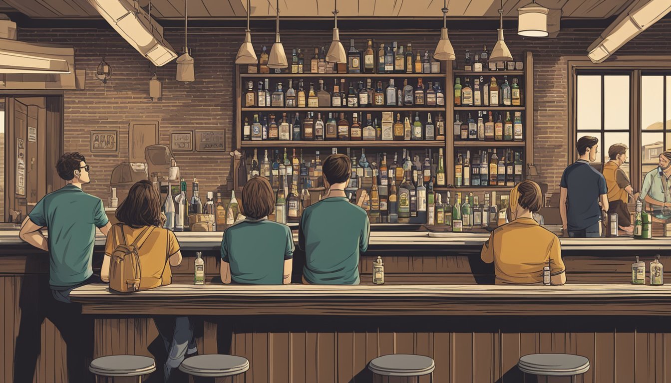 A group of people sitting at a bar, with bottles of alcohol and glasses on the counter. A sign on the wall displays the Armstrong County alcohol regulations