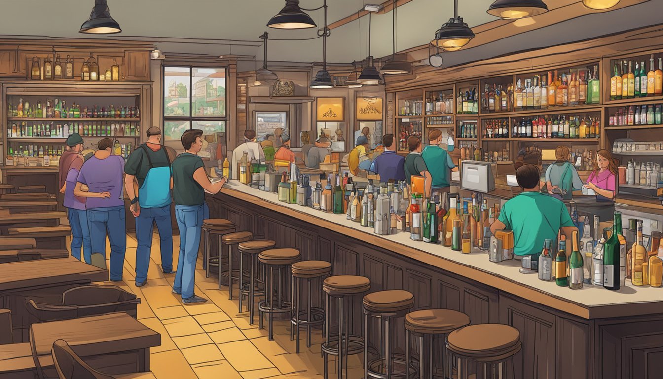 A bustling bar with shelves of alcohol, cash registers, and customers making purchases in Andrews County, Texas