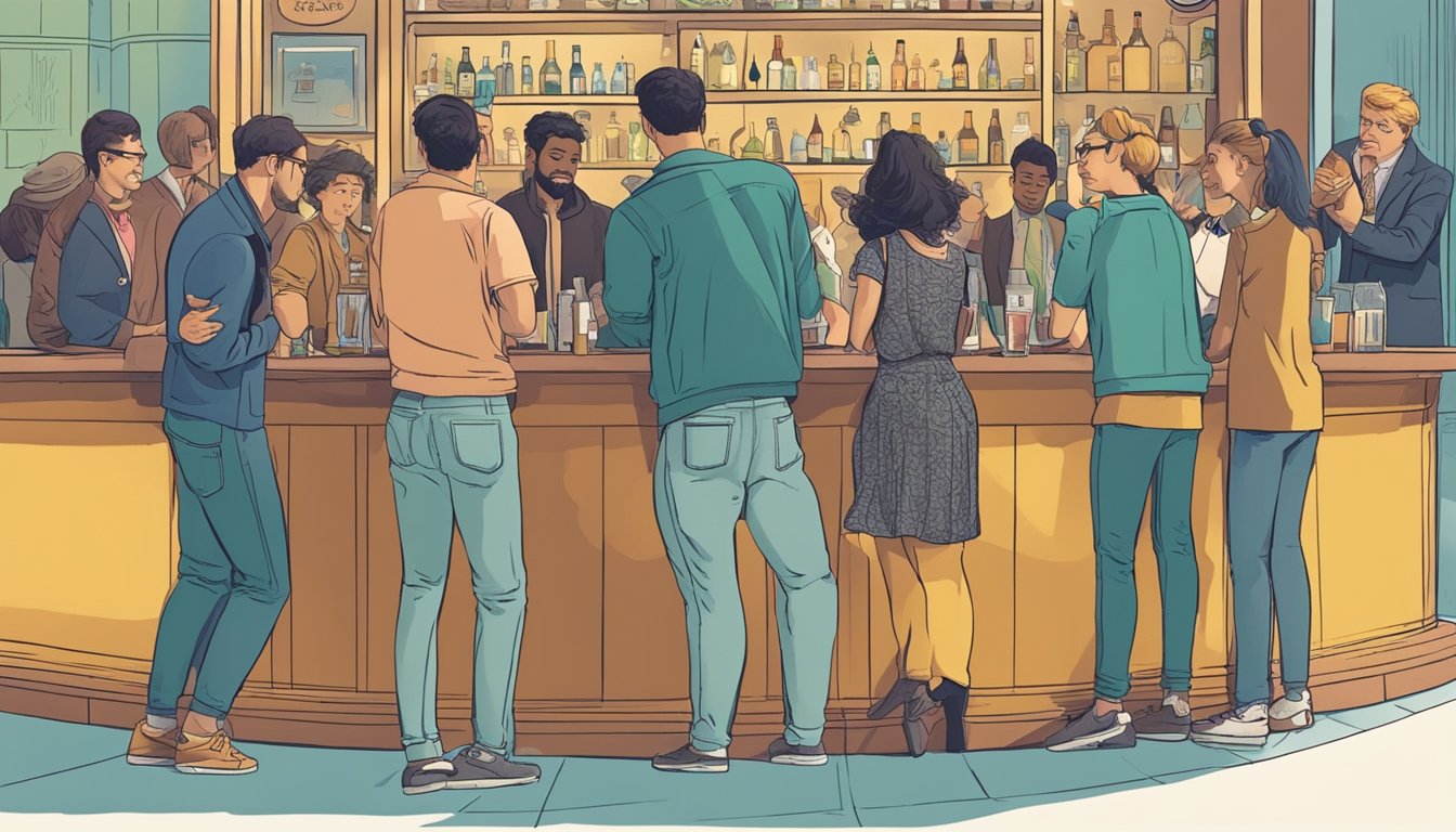 A group of people standing outside a bar, with one person stumbling and slurring their words, while others look on disapprovingly