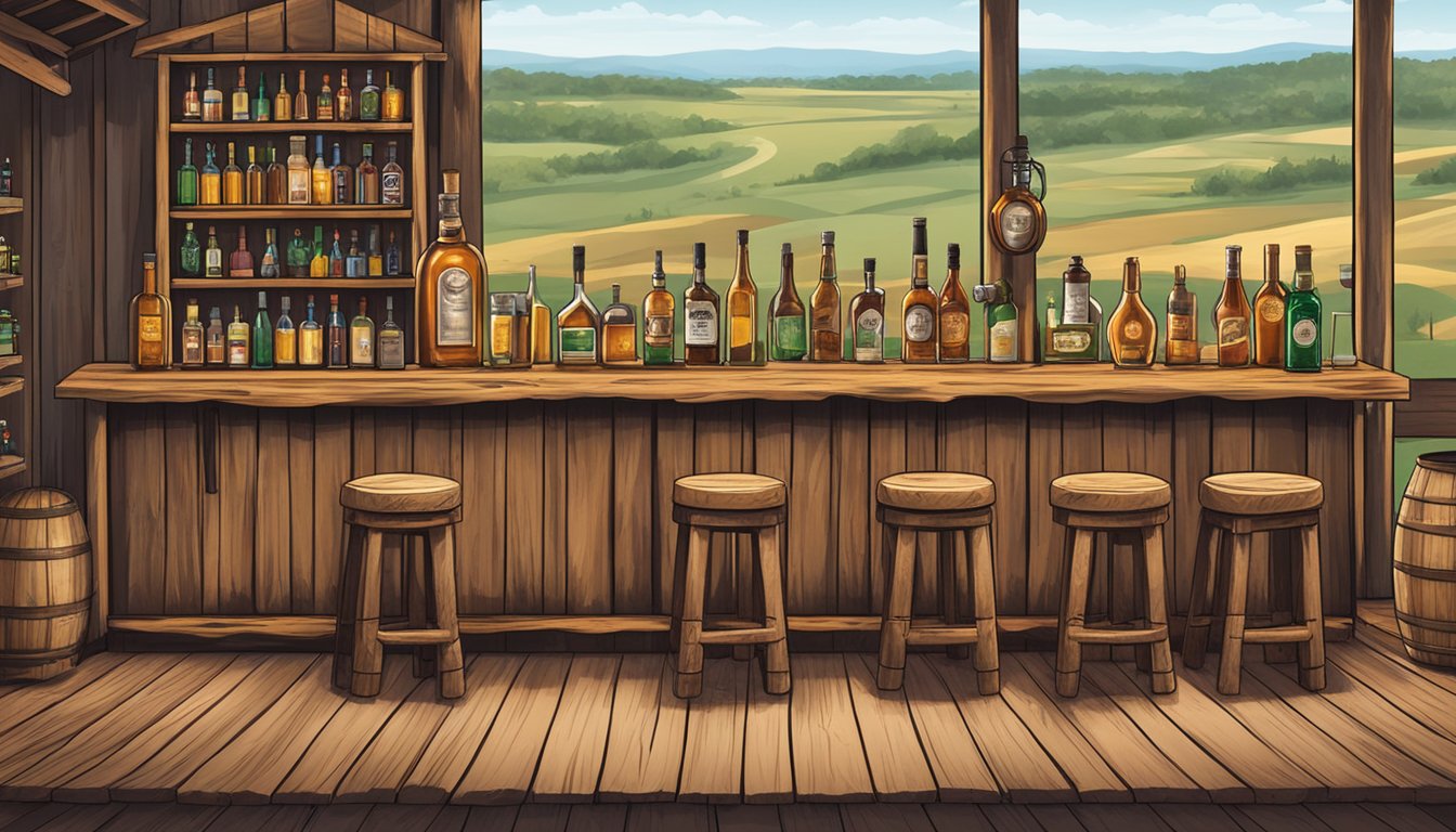 A rustic bar with wooden stools and shelves of liquor bottles, set against a backdrop of the Texas countryside