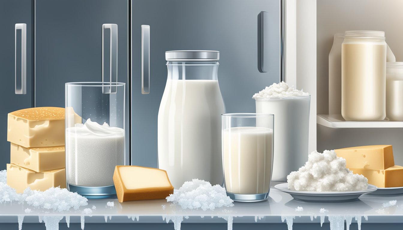 A glass of fresh milk sits next to a glass of frozen milk, surrounded by dairy products and a refrigerator. The fresh milk is creamy and white, while the frozen milk has formed ice crystals on the surface