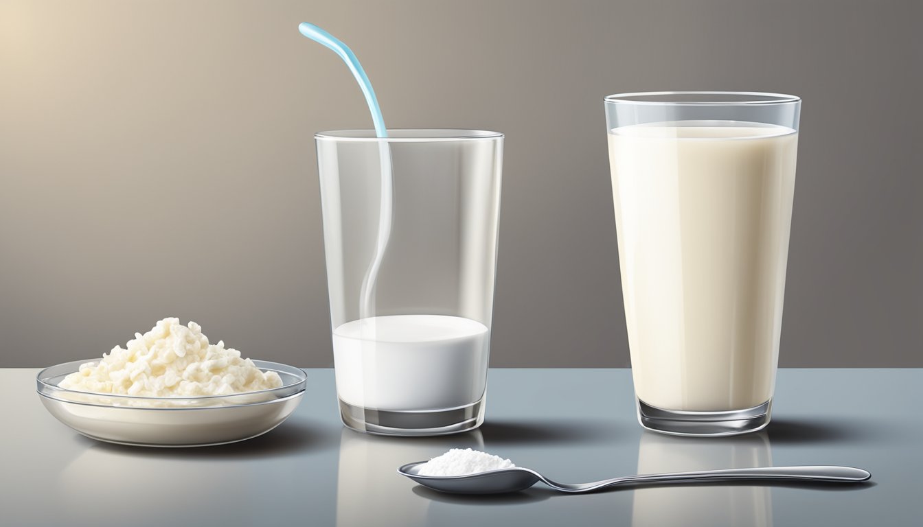 A glass of fresh milk next to a glass of frozen milk, with a spoon and a nutrition label