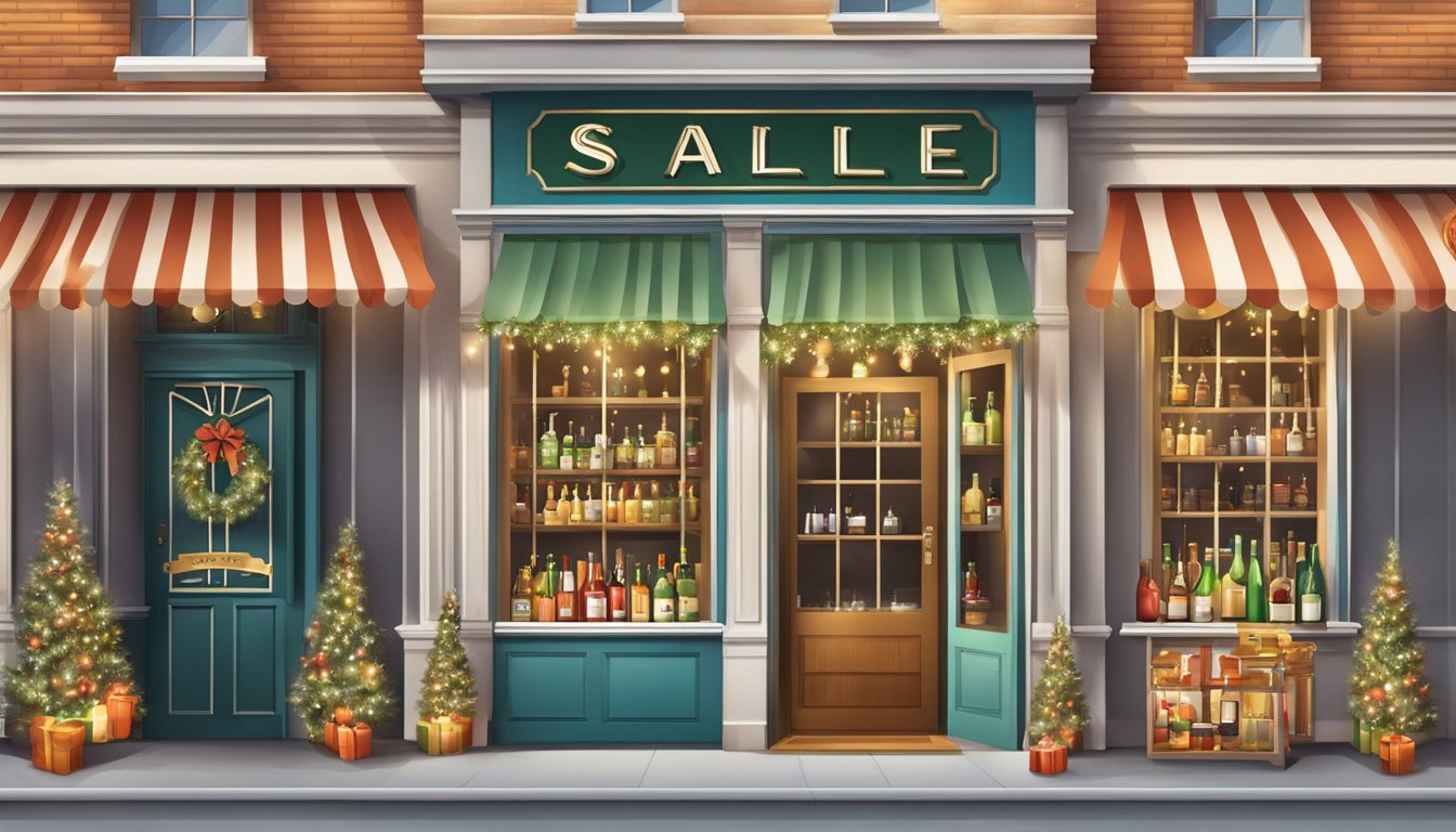 A festive storefront with a "Sale" sign and holiday decorations, bottles of alcohol on display