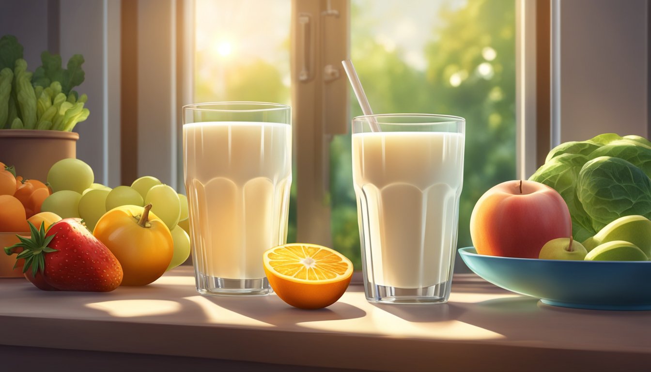 A glass of fresh milk sits next to a glass of frozen milk, surrounded by various fruits and vegetables. The sun shines through a window, casting a warm glow on the scene