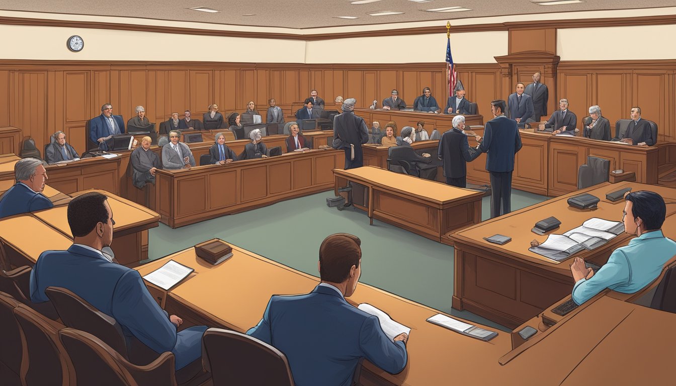 An illustration of a courtroom with a judge, lawyers, and a group of people discussing legislative changes to alcohol laws in Armstrong County, Texas