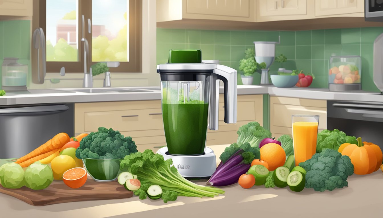 A blender filled with fresh and frozen kale surrounded by various fruits and vegetables on a kitchen counter