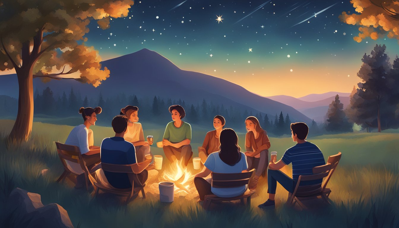 A peaceful countryside setting with a clear, starry night sky, a cozy bonfire, and a group of friends enjoying non-alcoholic beverages