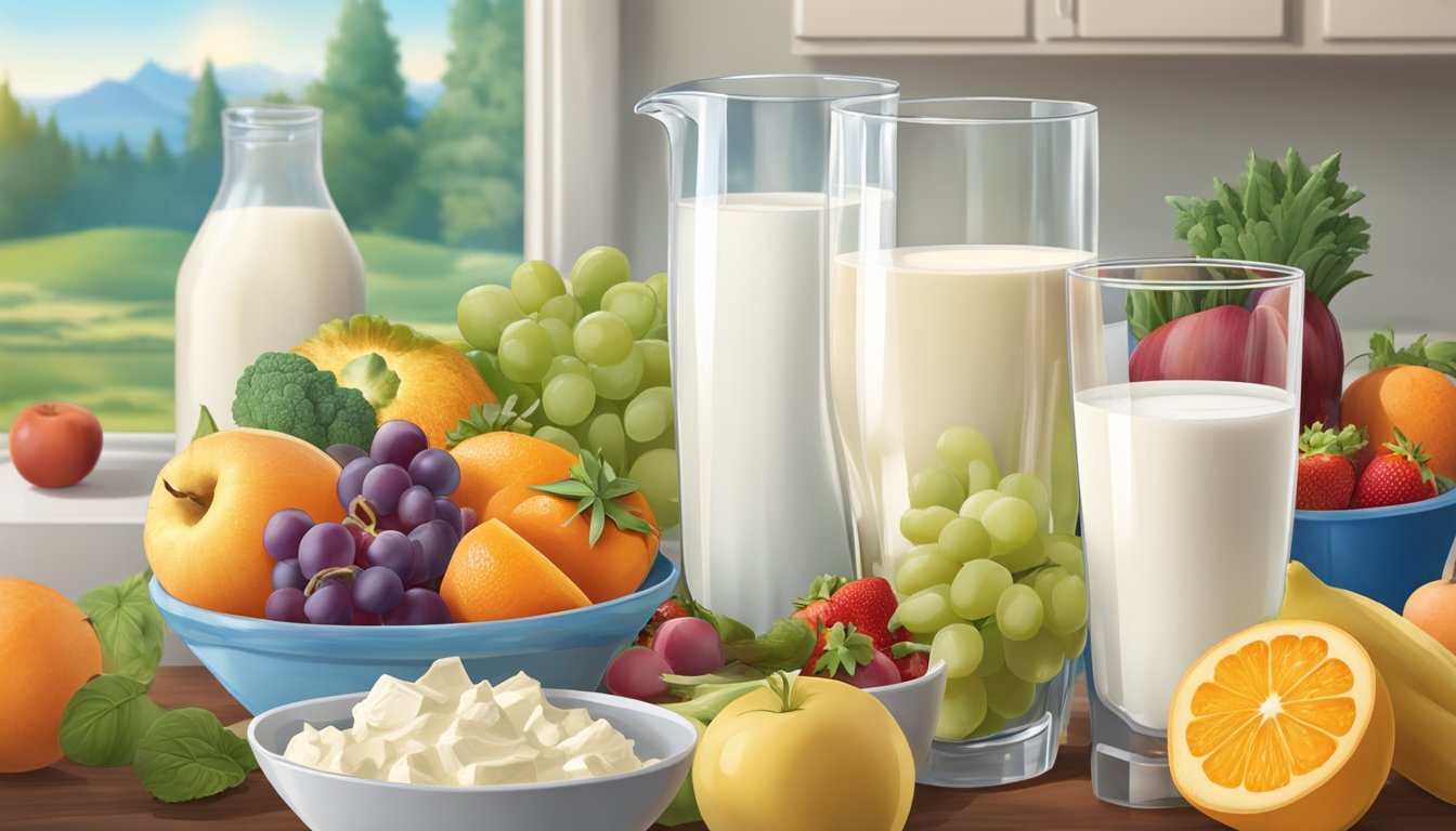 A glass of fresh milk sits beside a glass of frozen milk, surrounded by various fruits, vegetables, and dairy products. The scene conveys the contrast between nutrition, taste, and practicality of fresh versus frozen options